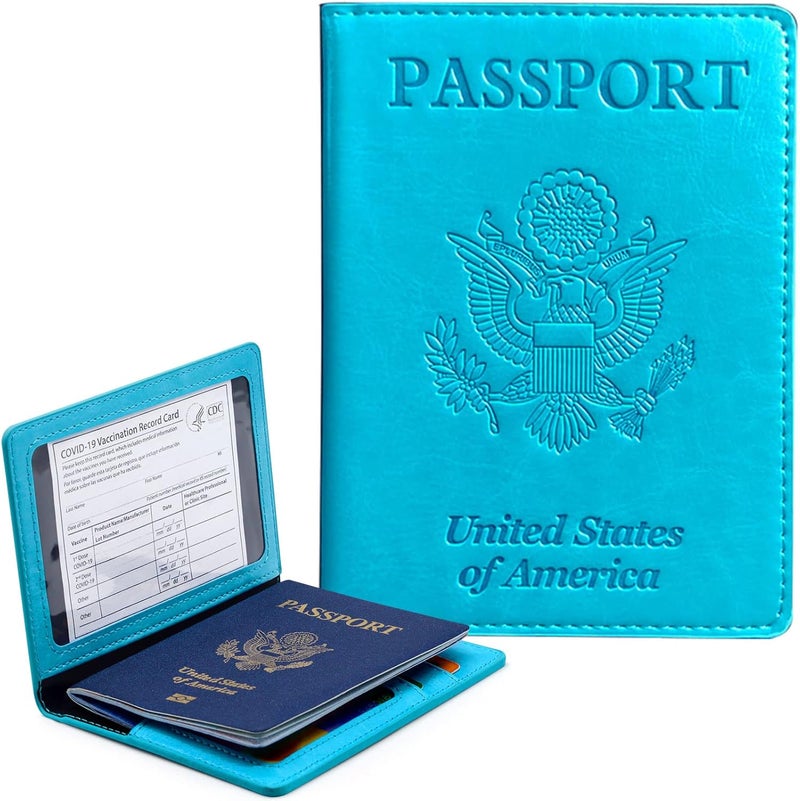 KAOBAN Passport Holder Cover Wallet Case RFID Blocking Leather Card Slot Travel Accessories Documents Organizer Protector for Women Men, Sky Blue - Image 1